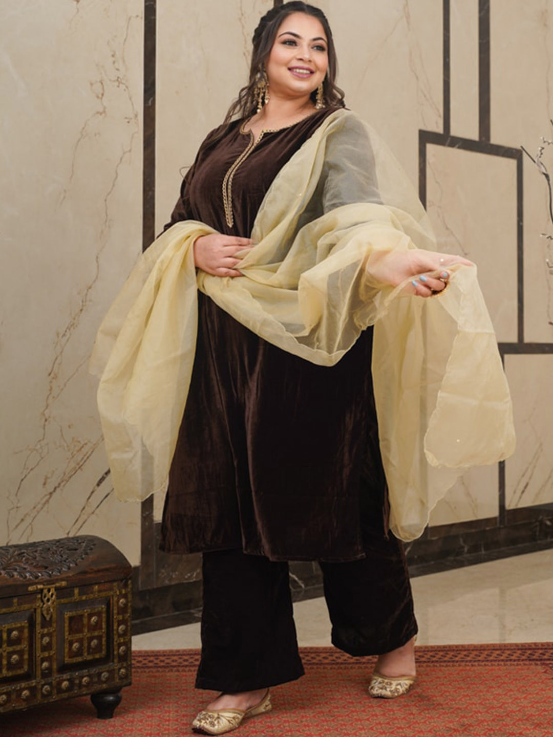 NANGALIA RUCHIRA Gotta Patti Velvet Kurta with Trousers & Dupatta