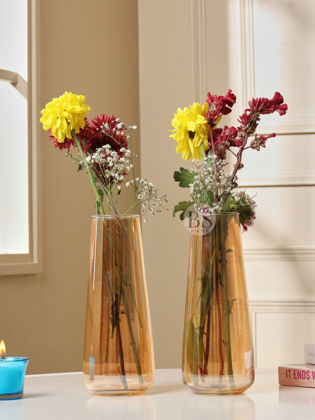 BS AMOR Beige 2 Pcs Glass Large Flower Vases