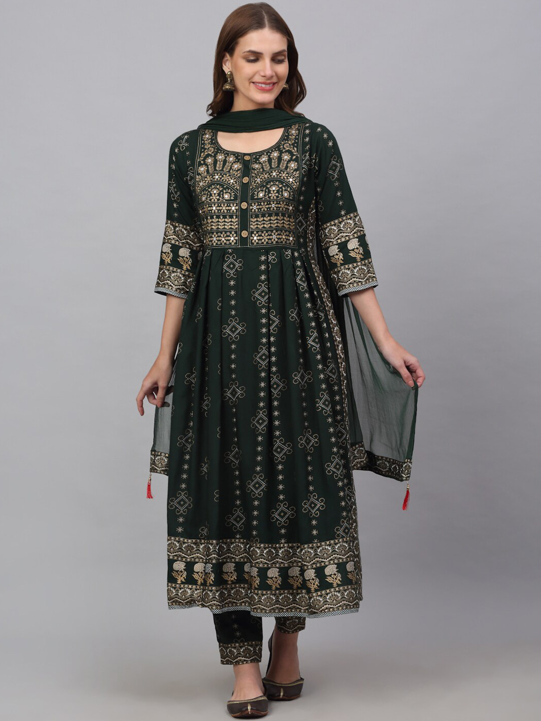 Kamayra Women Ethnic Motifs Printed A-Line With Trousers & Dupatta