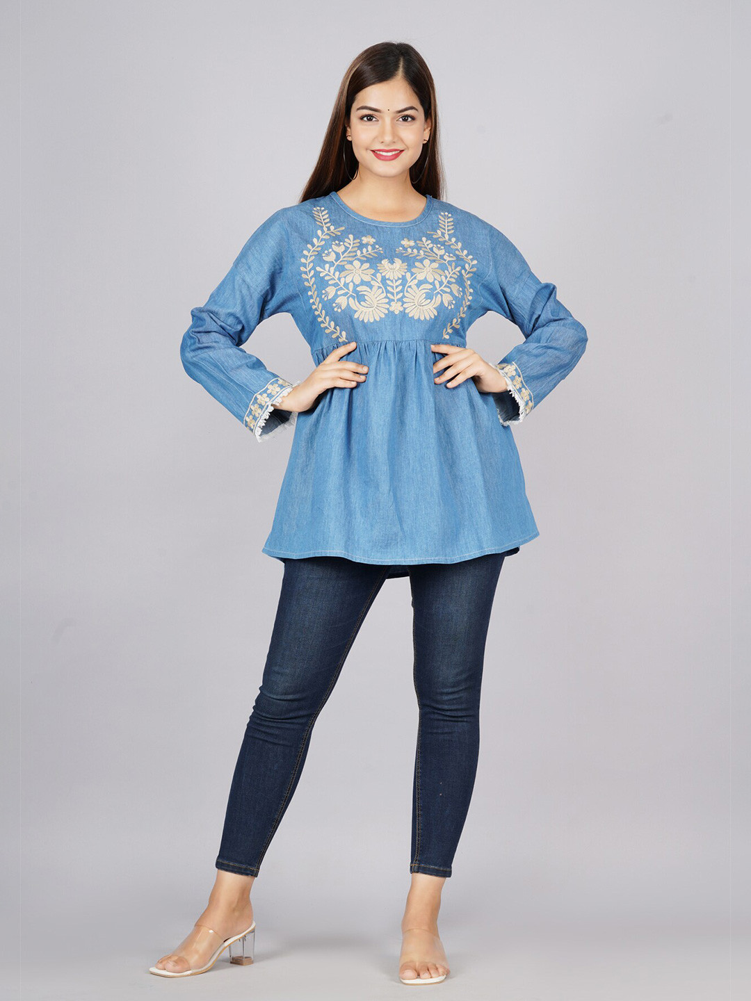 SUMAVI-FASHION Floral Embroidered Cinched Waist Denim Top