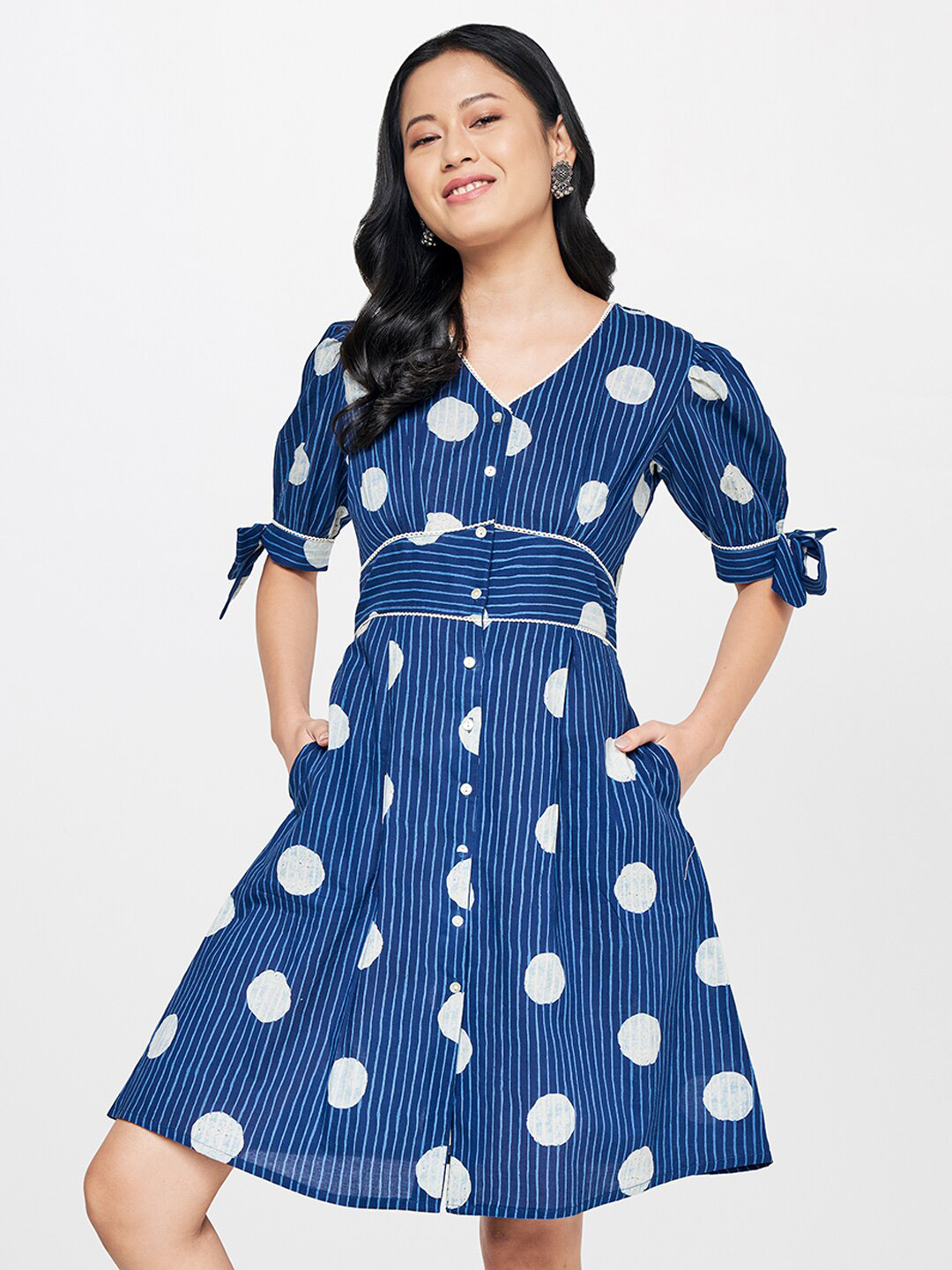 Global Desi Striped Tie-Up Detail Puff Sleeves Pure Cotton A-Line Dress