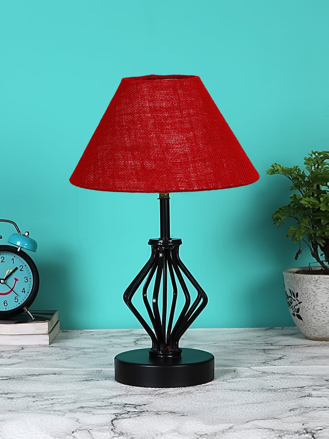 Devansh Maroon & Black Textured Jute Table Lamp With Iron Base