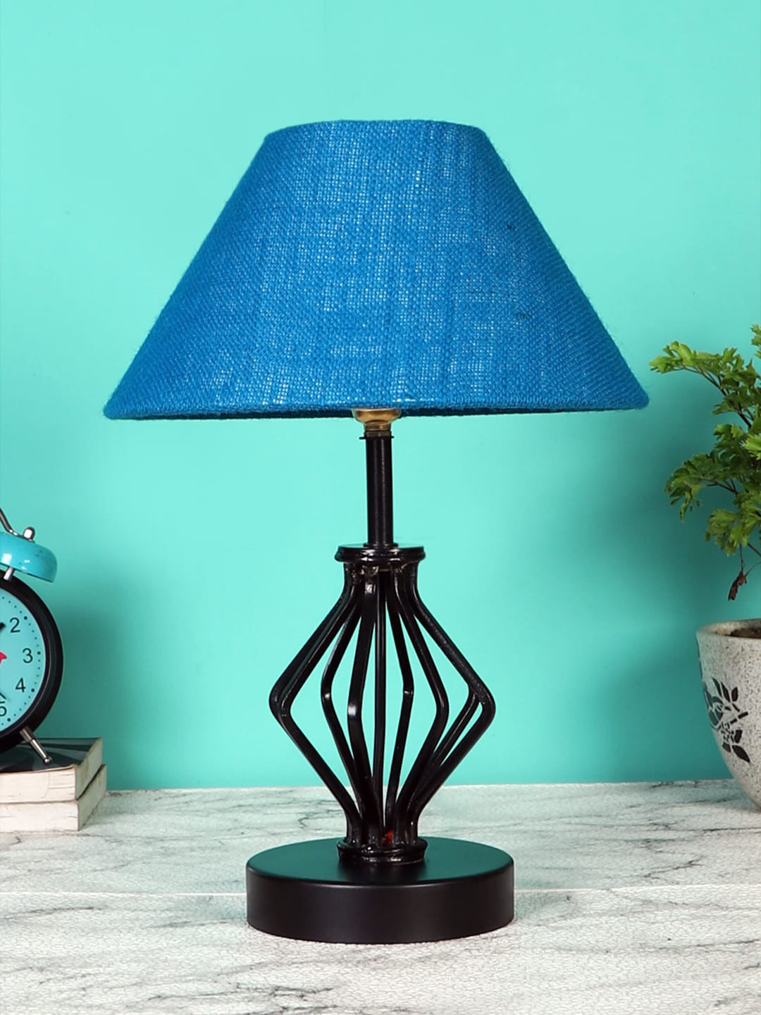 Devansh Turquoise Blue & Black Jute Table lamp with Iron Base
