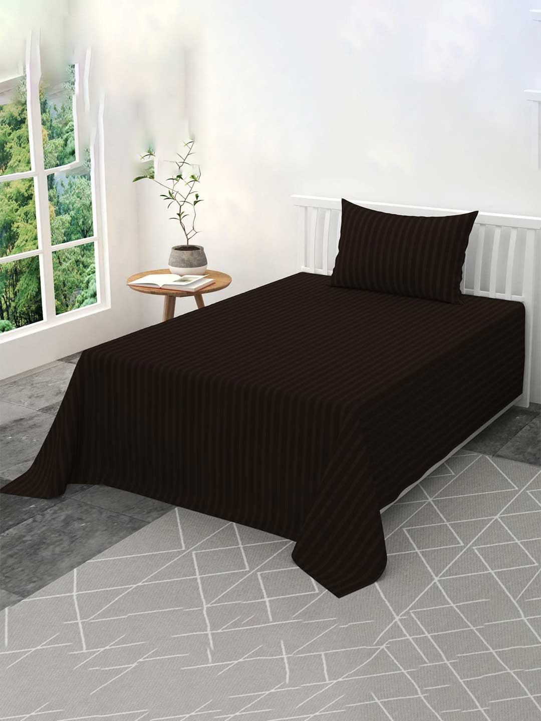 Bajo's Brown Striped Cotton 220 TC Single Fine Bedsheet with a Pillow Cover-90 x 59 inches