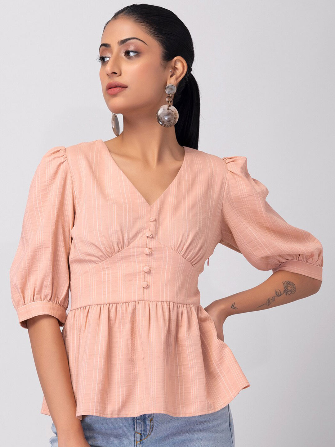 FabAlley Puff Sleeves Gathered Peplum Top