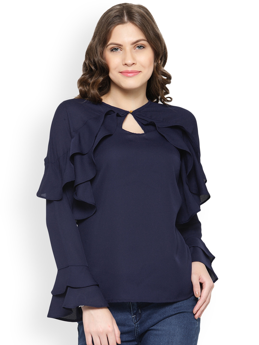 navy blue ruffle shirt