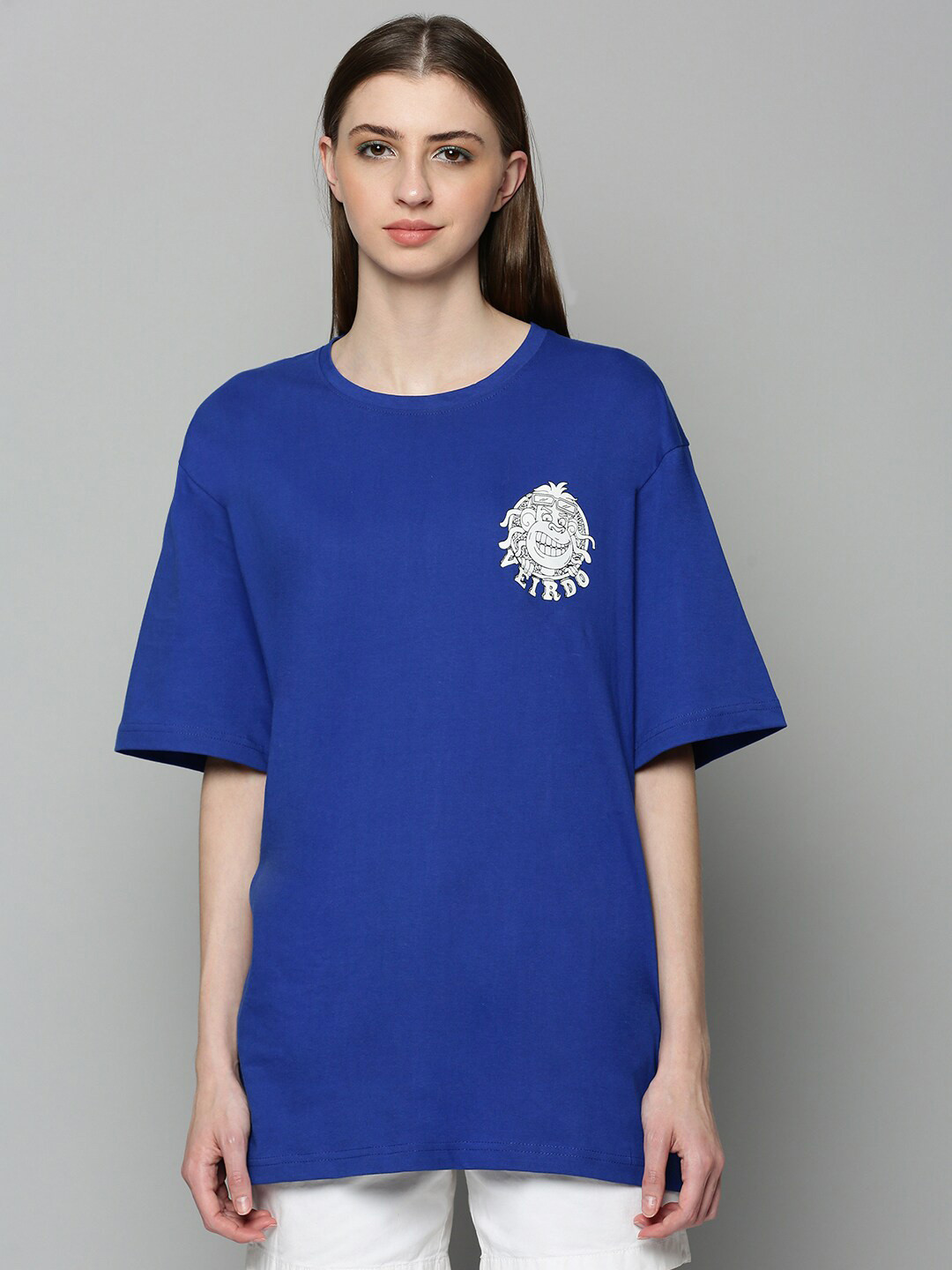 JUNEBERRY Women Blue Printed Round Neck Relaxed Fit Pure Cotton Oversized T-shirt