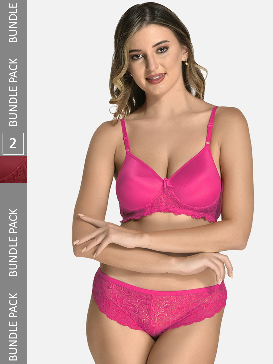 StyFun Pack Of 2 Self Design Laced Lingerie Set LS_Jas_Min_Set_RaniMaroon_B