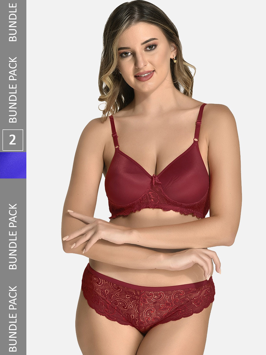 StyFun Pack Of 2 Self Design Laced Lingerie Set LS_Jas_Min_Set_BlueMaroon_B
