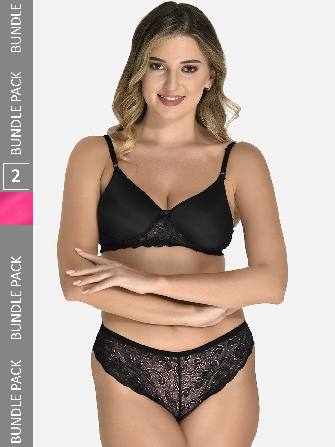 StyFun Pack Of 2 Self Design Laced Lingerie Set LS_Jas_Min_Set_BlackRani_B