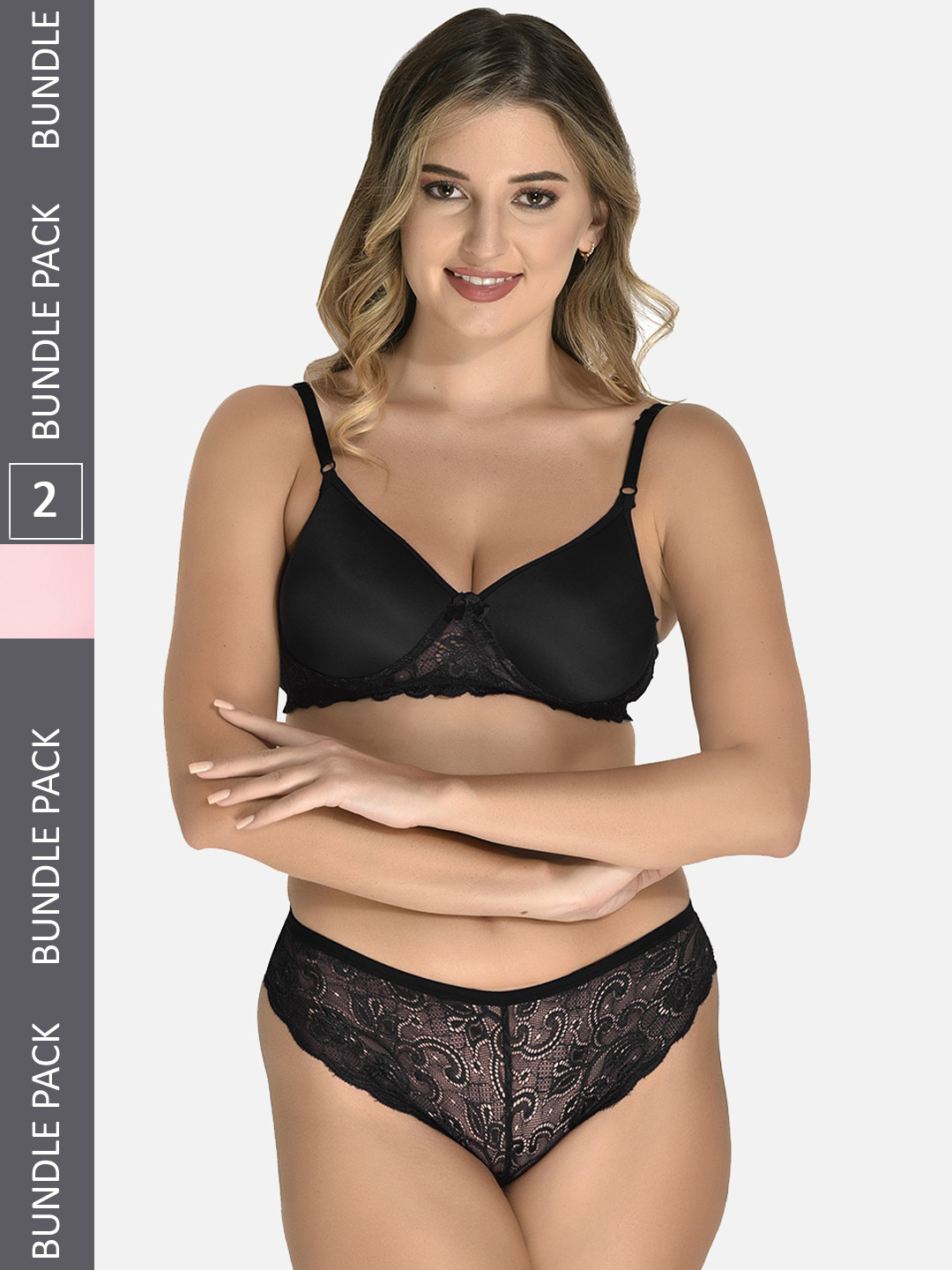 StyFun Pack Of 2 Self-Designed Cotton Padded Lingerie Set LS_Jas_Min_Set_BlackPink_B