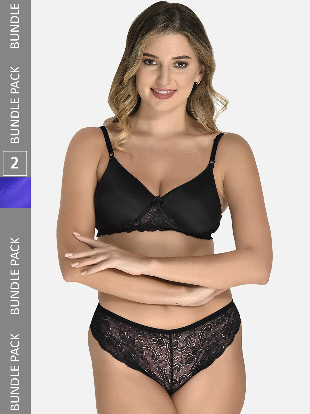 StyFun Pack Of 2 Self Design Laced Lingerie Set LS_Jas_Min_Set_BlackBlue_B