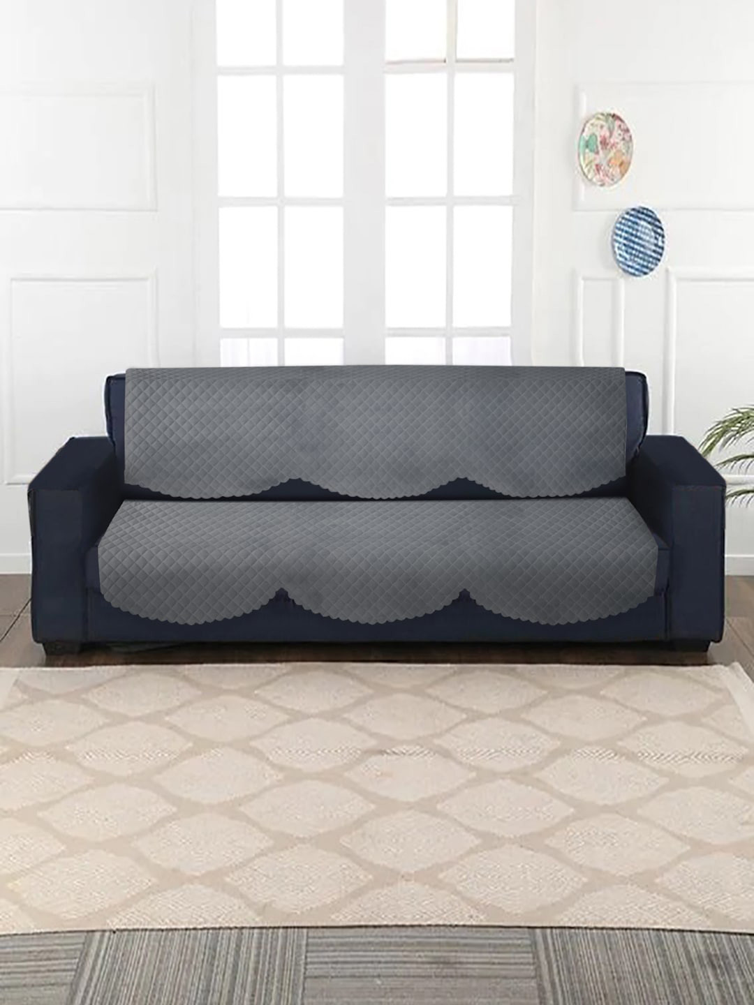 HOSTA HOMES Grey Quilted Velvet 5-Seater Sofa Covers Without Arm Rest