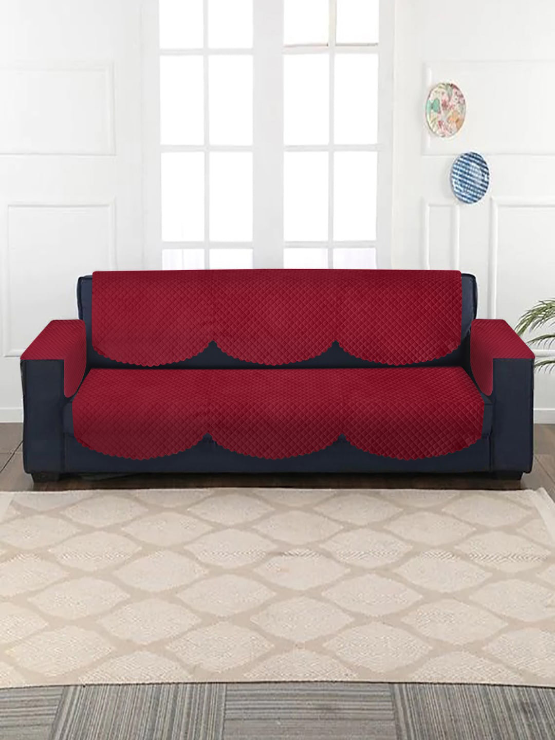 HOSTA HOMES Maroon Patterned Quilted Velvet 5-Seater Sofa Covers With Arm Rest