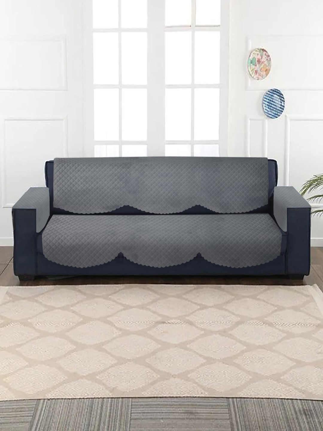 HOSTA HOMES Grey Quilted Velvet 5-Seater Sofa Covers With Arm Rest Covers