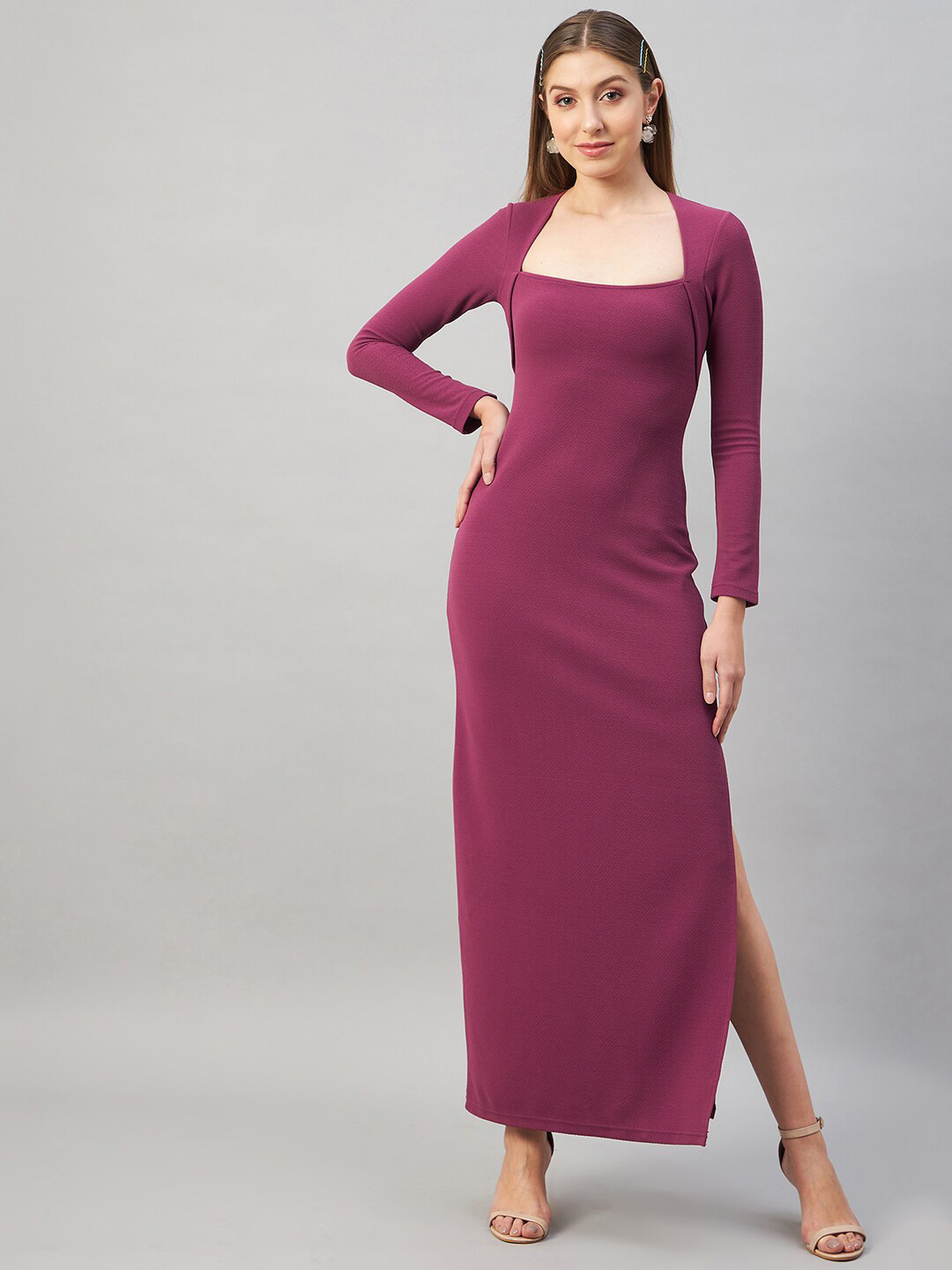 Orchid Blues Square Neck Long Sleeves Maxi Sheath Dress