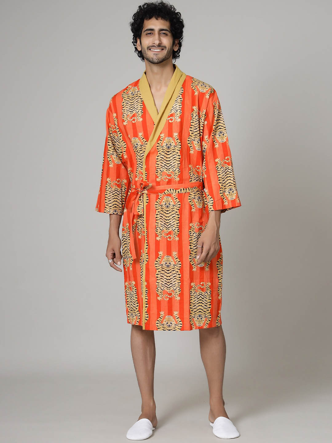 HANDICRAFT PALACE Tiger Orange Animal Print Cotton Drawstring Knee Length Bath Robe