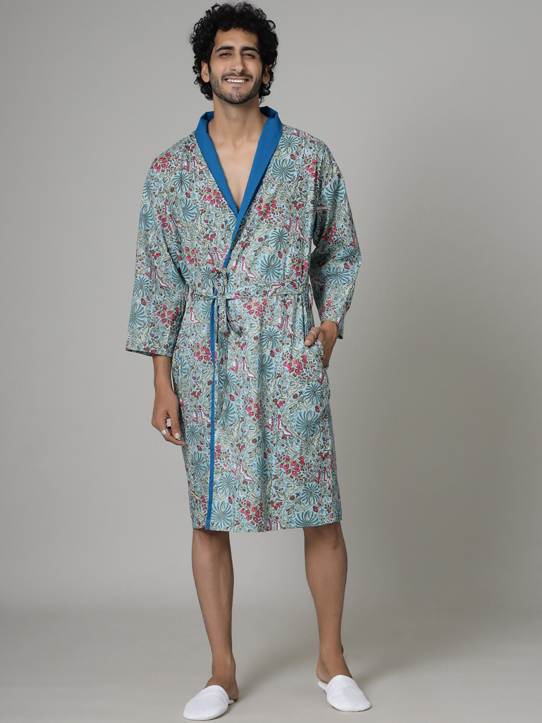 HANDICRAFT PALACE Grey Floral Cotton Drawstring Knee Length Bath Robe