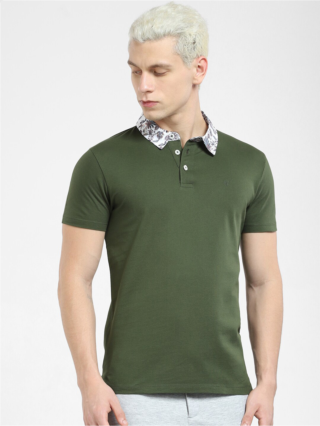 Jack & Jones Men Floral Print Collar Polo Cotton T-shirt