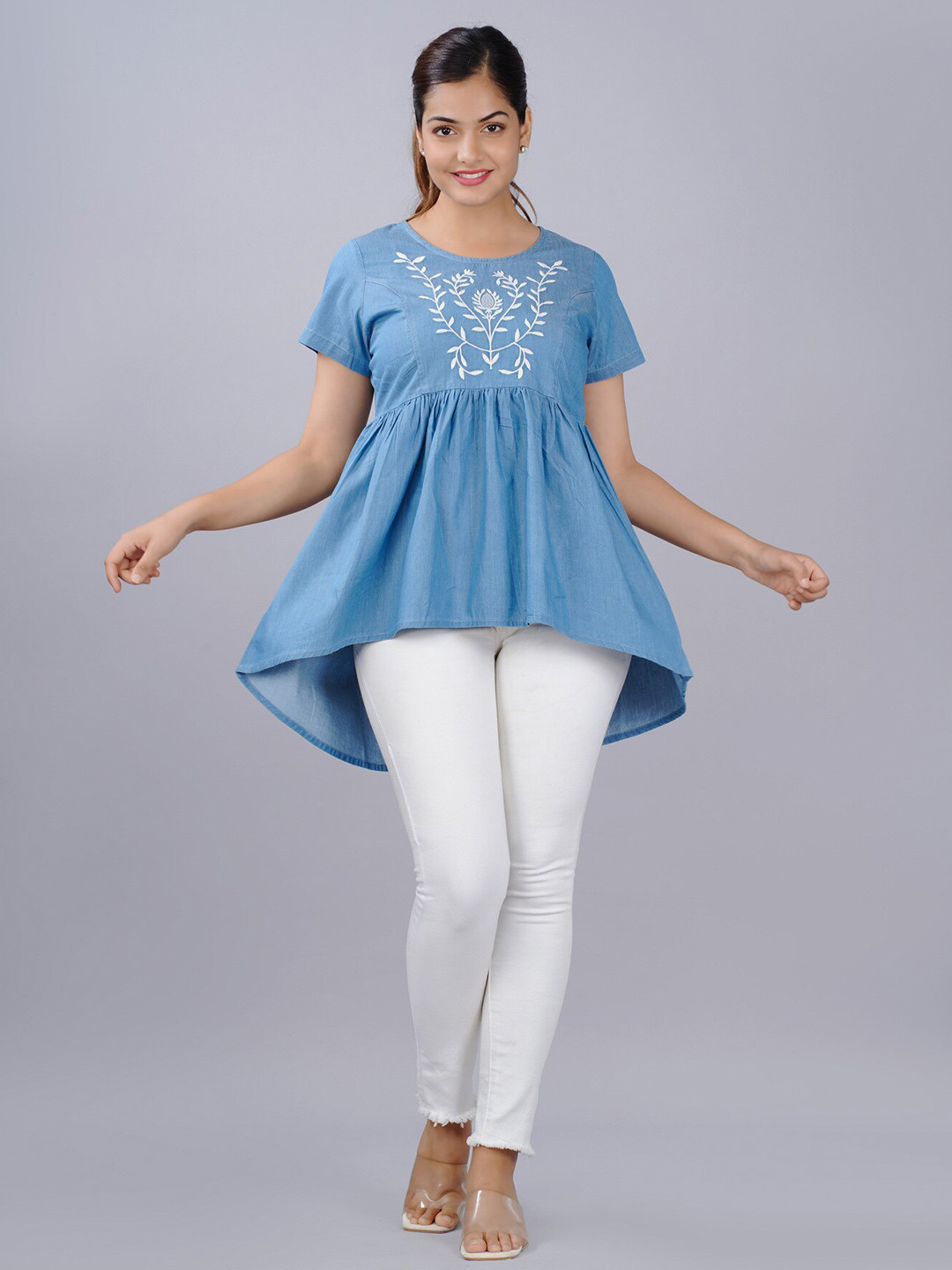 SUMAVI-FASHION Embroidered Denim High-Low Top