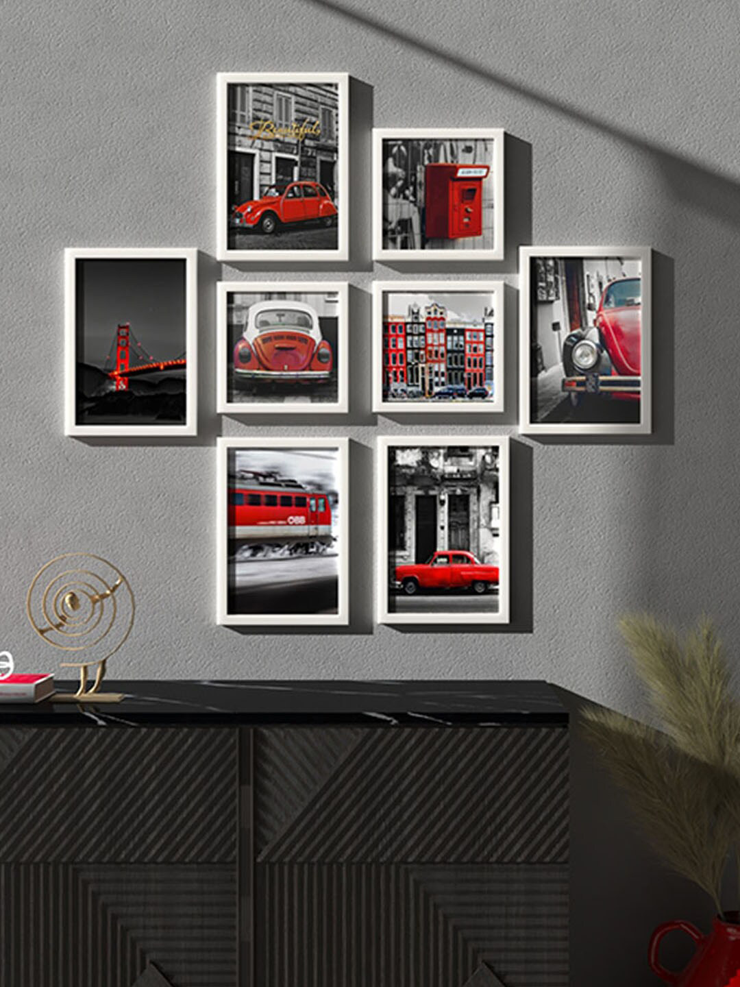 Art Street  Bar Theme White & Red 7-Pieces Abstract Printed Framed Wall Painting