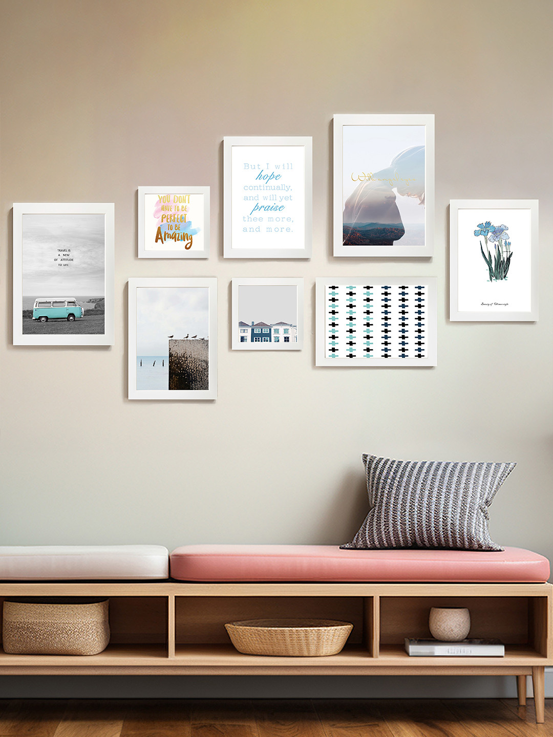 Art Street White & Blue 8 Pcs Printed Travel Geometric Framed Wall Art