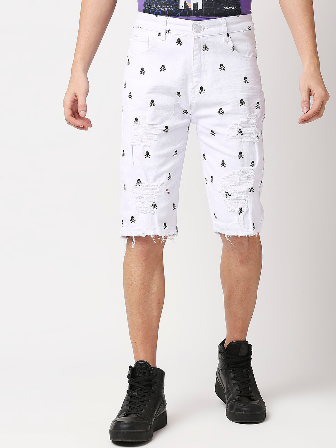 WAIMEA Men Conversational Printed Skinny Fit Distressed Denim Shorts