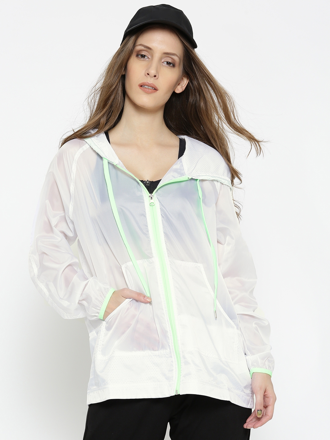 FOREVER 21 Women White Self Design Sheer Hooded Sporty Jacket