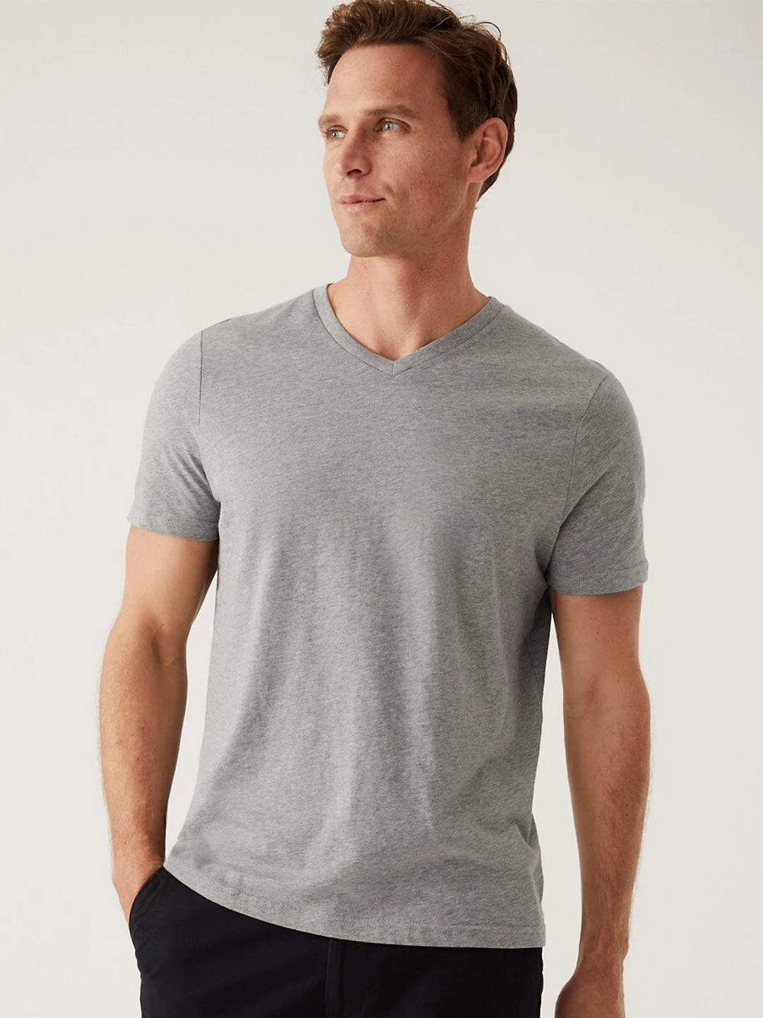 Marks & Spencer Men Grey V-Neck T-shirt