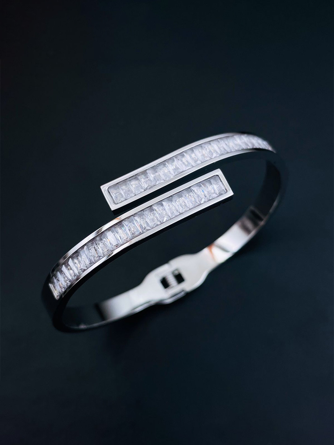 ZIVOM Women Silver-Plated Cubic Zirconia Cuff Bracelet