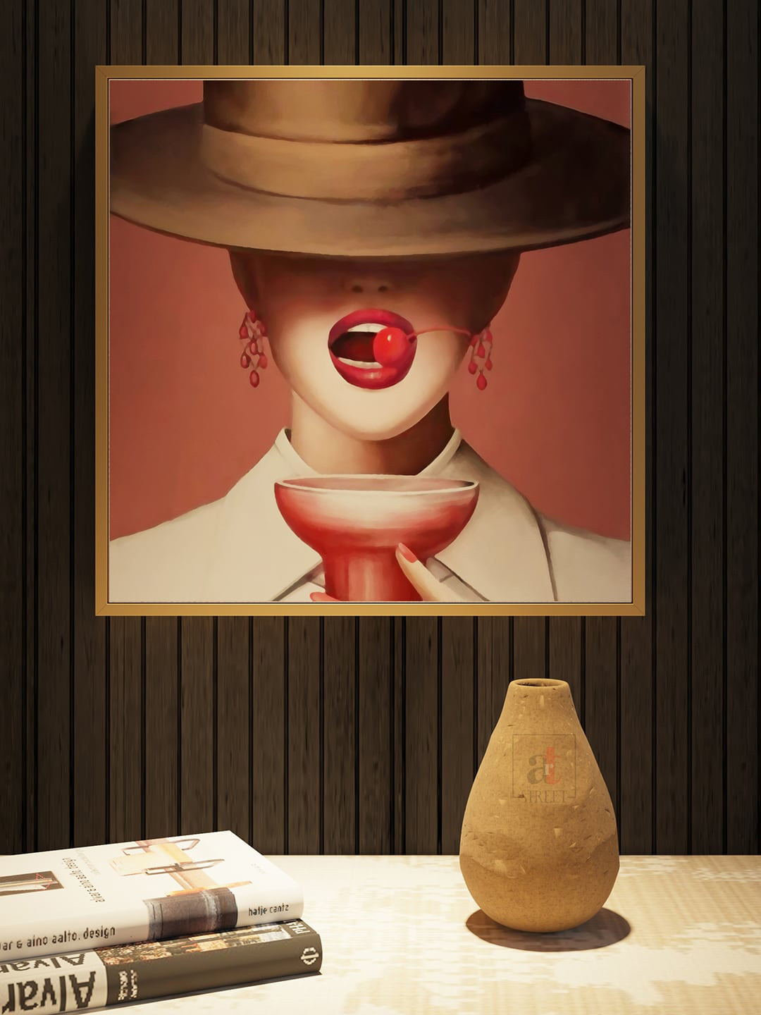 Art Street Brown Modern Hat Girl With Wine Canvas Printed Framed Wall Painting