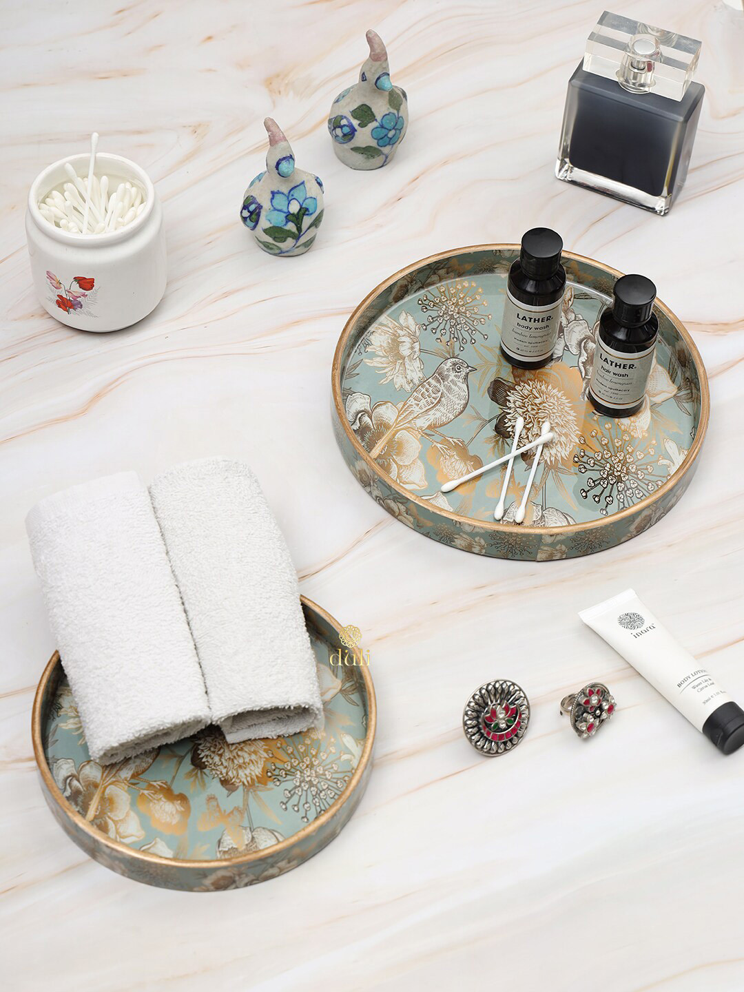 DULI Set of 2 Grey Printed Wooden Round Enamel Coated Multipurpose Serving Trays