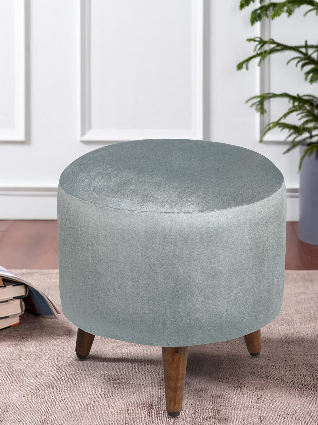 GLOBALLY INDIAN Grey & Brown Velvet Round Puff Ottoman