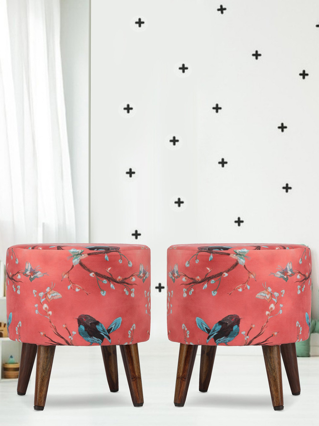 GLOBALLY INDIAN Set of 2 Peach-Colored Printed Wooden & Velvet Round Puff Ottomans