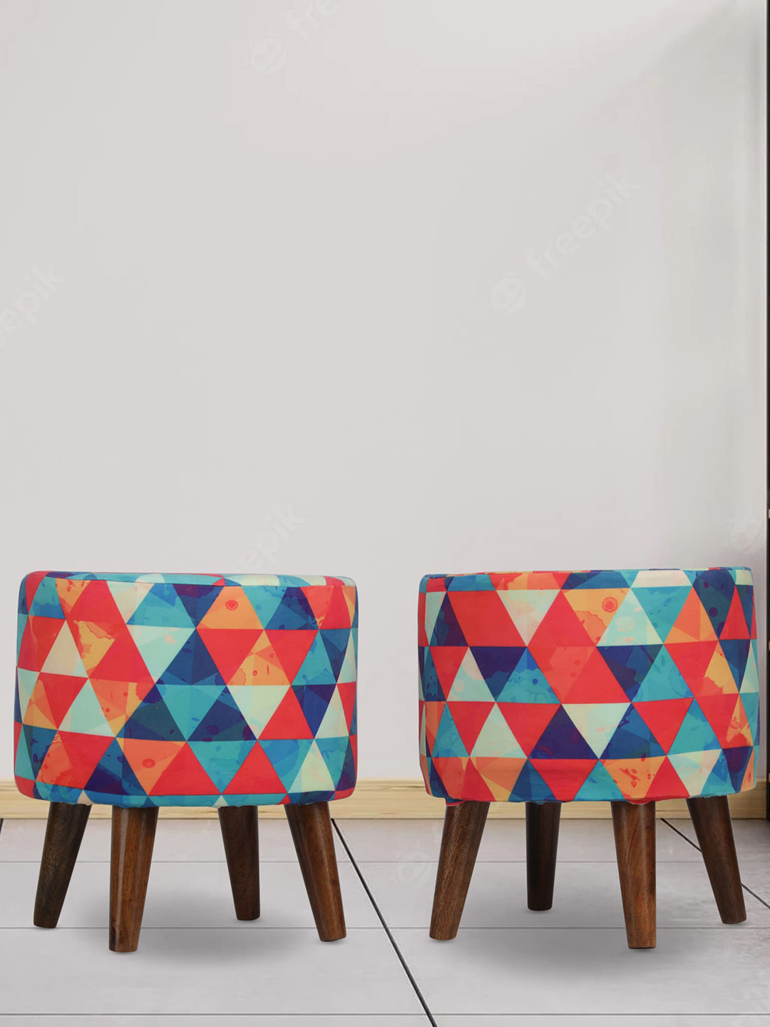GLOBALLY INDIAN Set of 2 Sheesham Wood & Velvet Ottomans