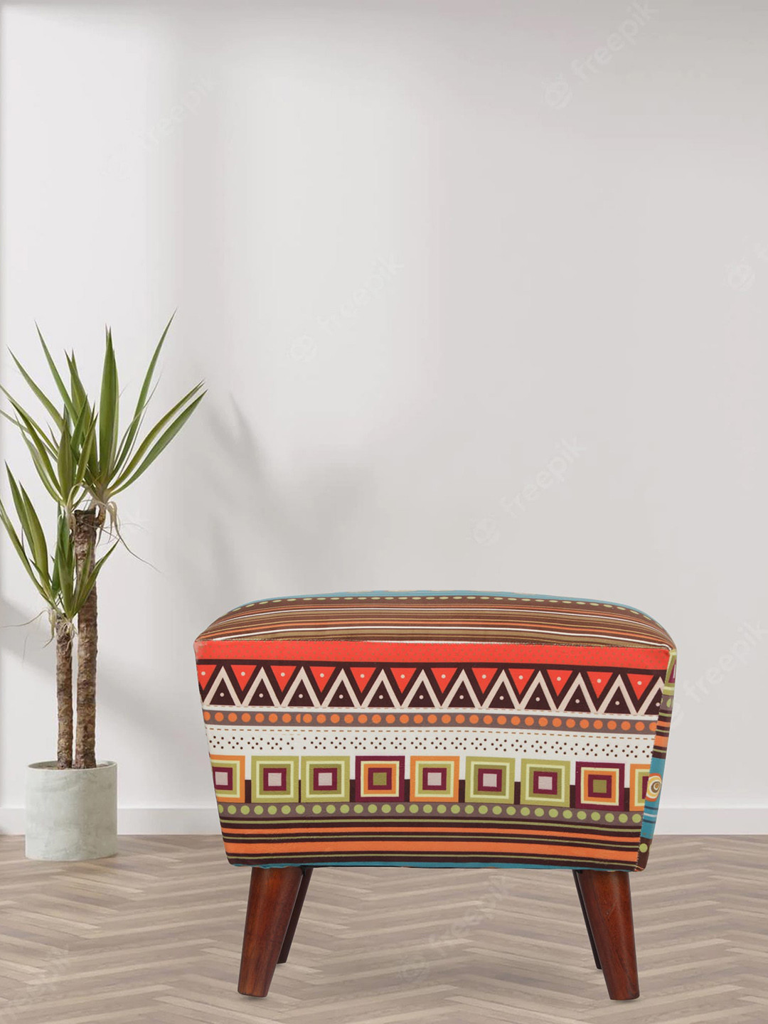 GLOBALLY INDIAN Red & White Printed Wooden & Velvet Rectangular Puff Ottoman