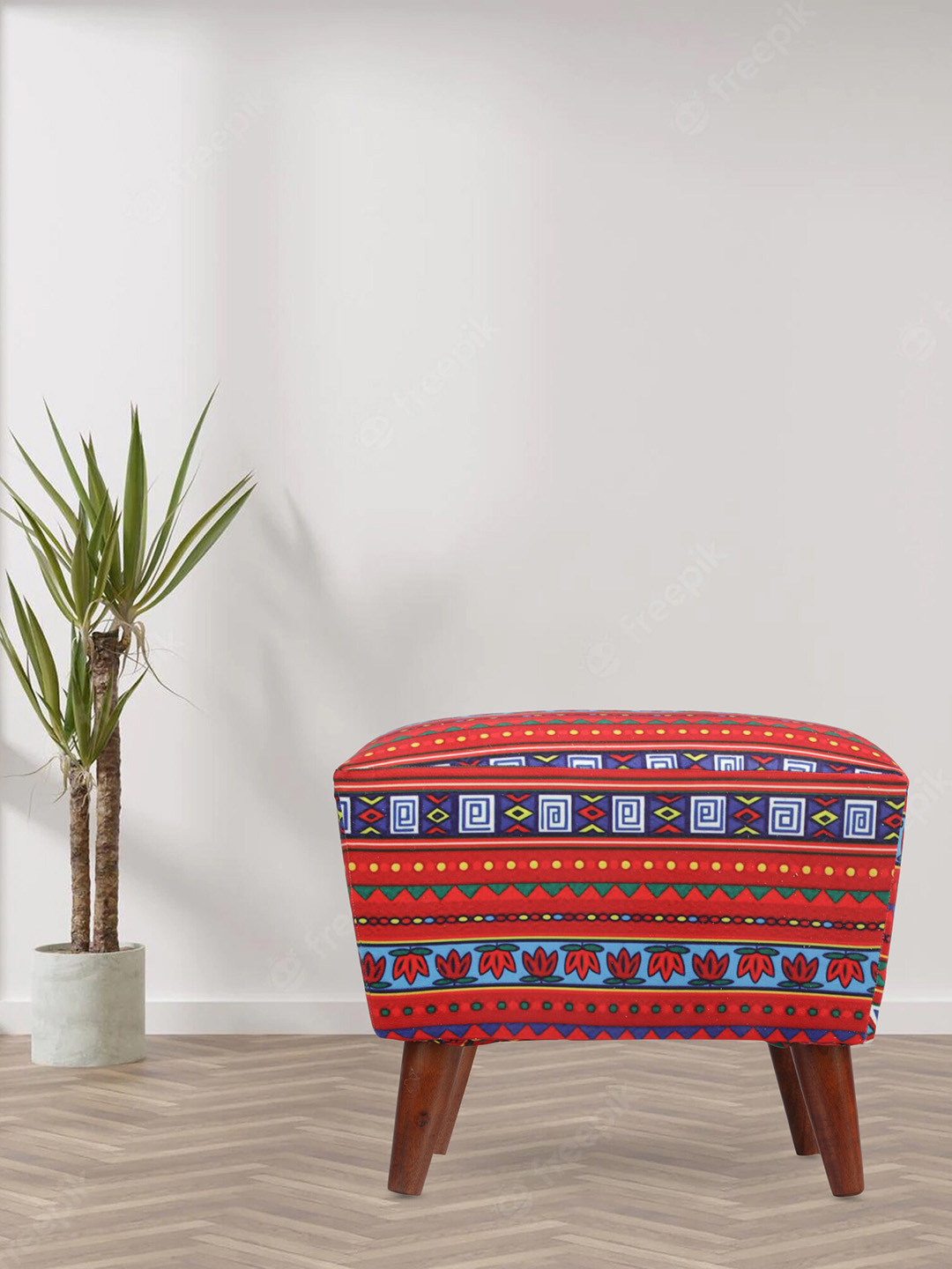 GLOBALLY INDIAN Ethnic Motif Printed Sheesham Wood & Velvet Ottoman