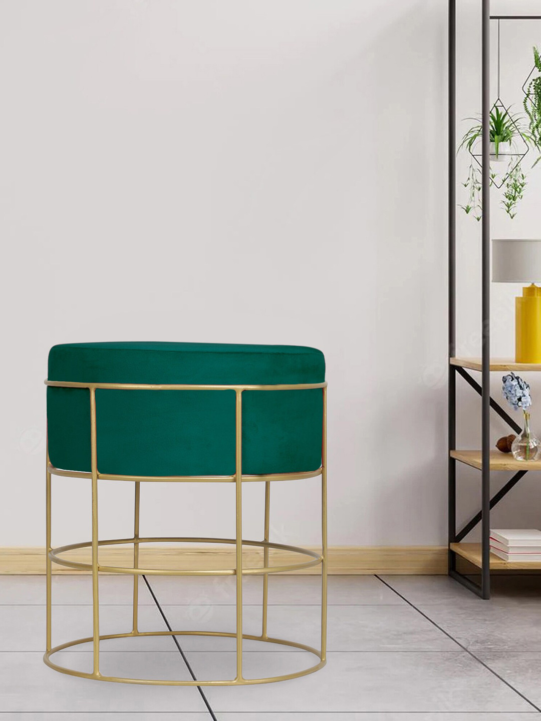 GLOBALLY INDIAN Green Cylindrical Metal With Upholstery Ottoman