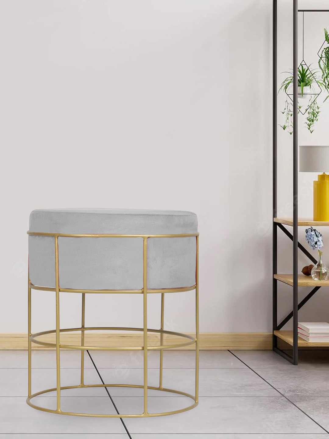 GLOBALLY INDIAN Cylindrical Metal With Velvet Upholstery Ottoman