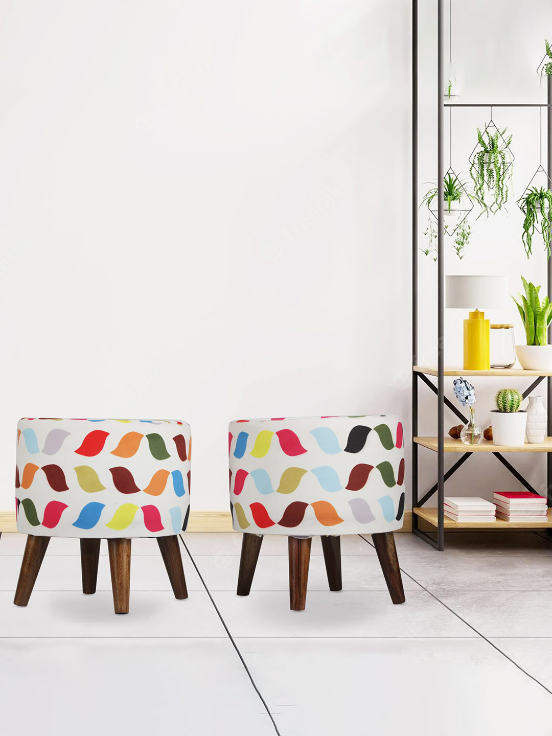 GLOBALLY INDIAN 2-Pcs White & Pink Printed Wooden & Velvet Round Puff Ottomans