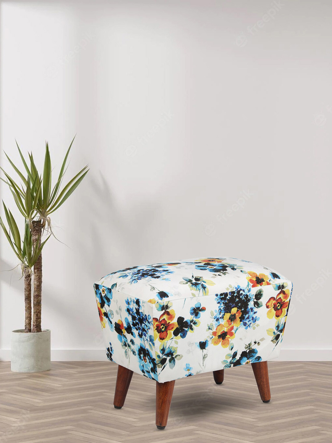 GLOBALLY INDIAN White Printed Wooden & Velvet Rectangular Puff Ottoman