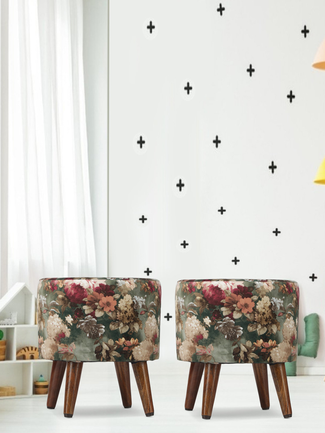 GLOBALLY INDIAN 2 Pcs Olive Green & Brown Floral Printed Velvet Round Puff Ottomans