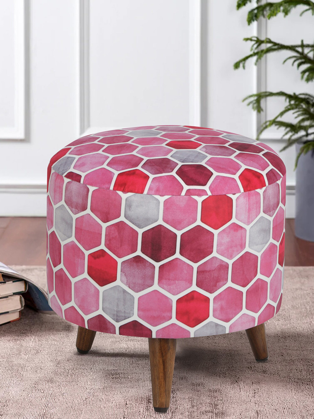 GLOBALLY INDIAN Pink & Grey Geometric Printed Wooden & Velvet Round Puff Ottoman