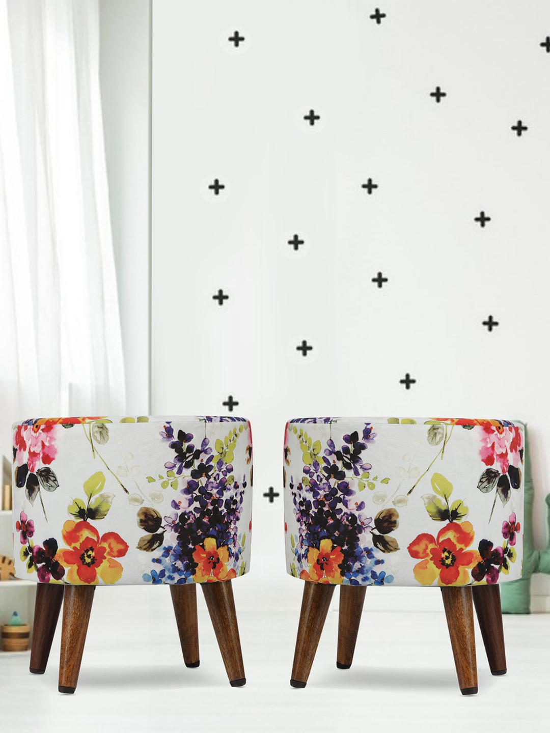 GLOBALLY INDIAN  Printed Wooden & Velvet Round Puff Ottoman