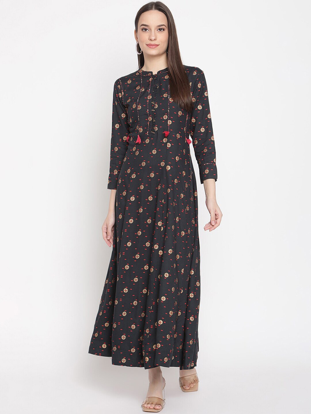 Be Indi Rayon Floral Printed Mandarin Collar Sequence Work Detailing Maxi Dress