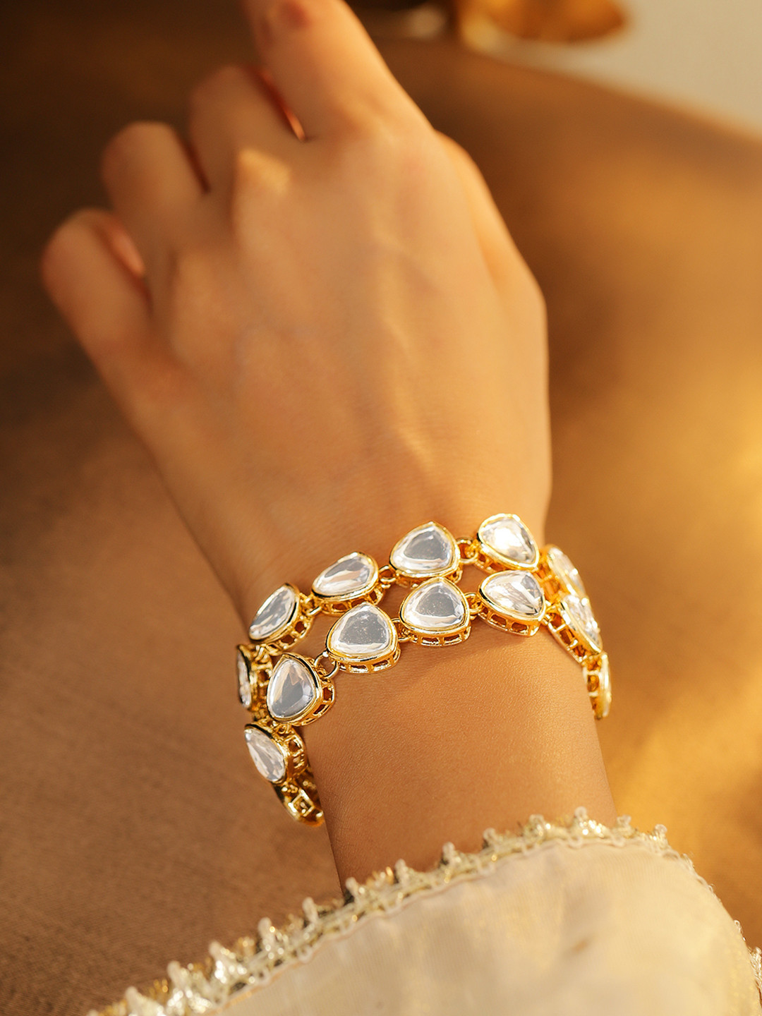 Rubans 18K Gold-Plated White Kundan Studded Double-Layered Statement Bracelet