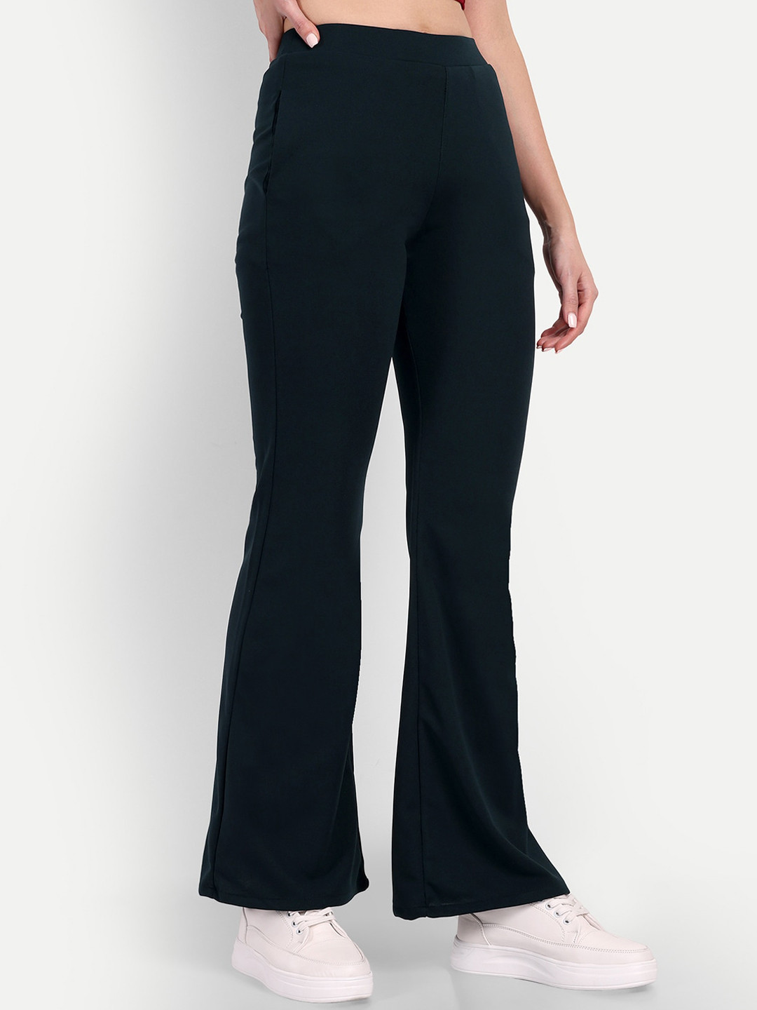 BROADSTAR Women Green Relaxed Flared High-Rise Non Iron Bootcut Trousers