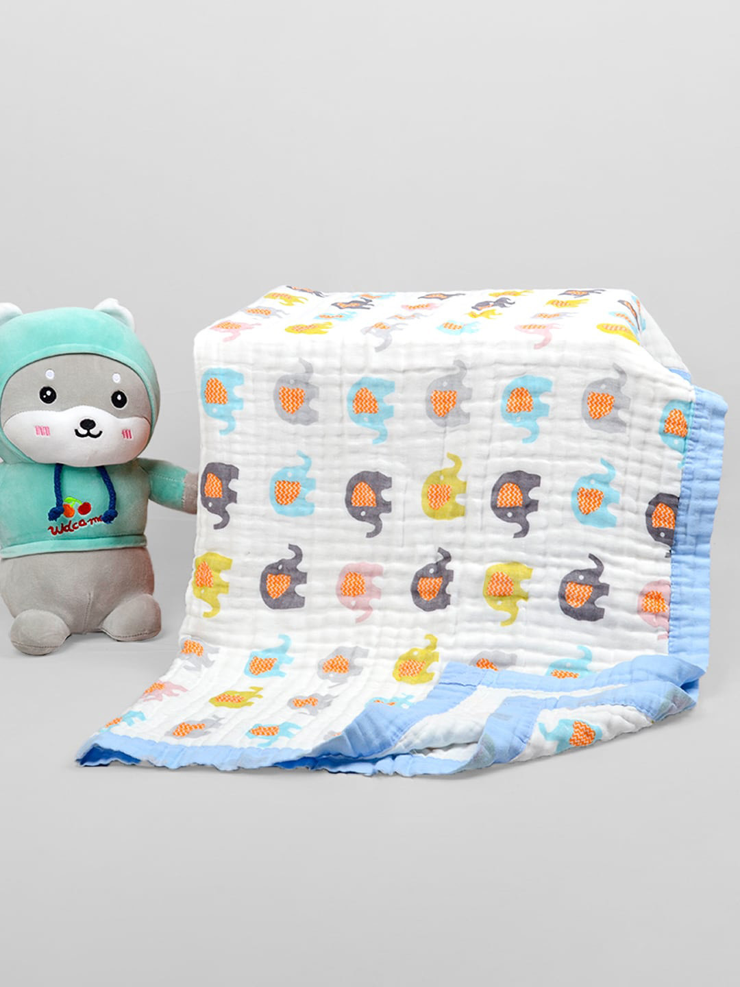 Moms Home Kids White & Blue Printed 500 GSM Organic Cotton 6 Layer Absorbent Towel