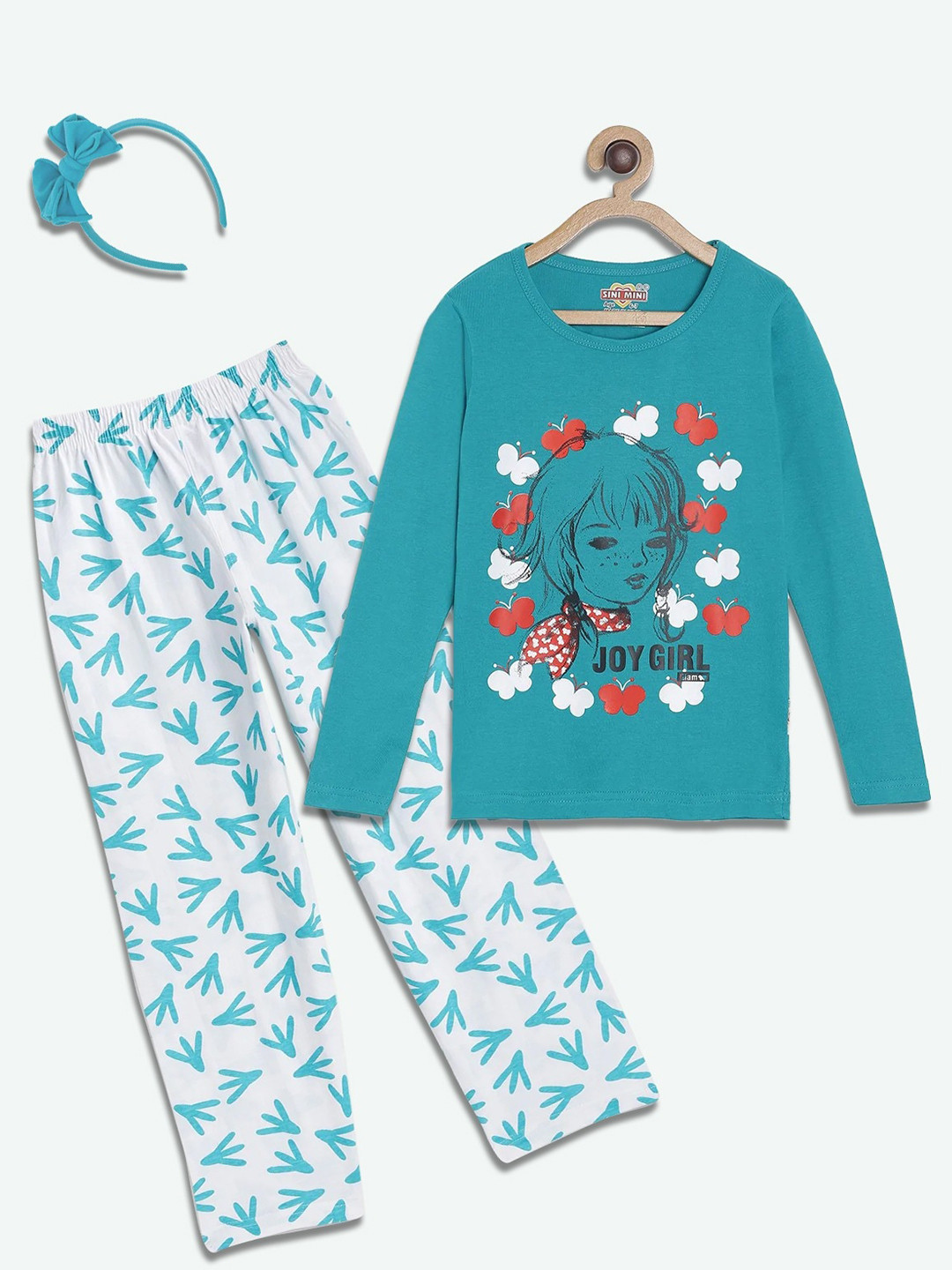 SINI MINI Girls Graphic Printed Pure Cotton Night Suit