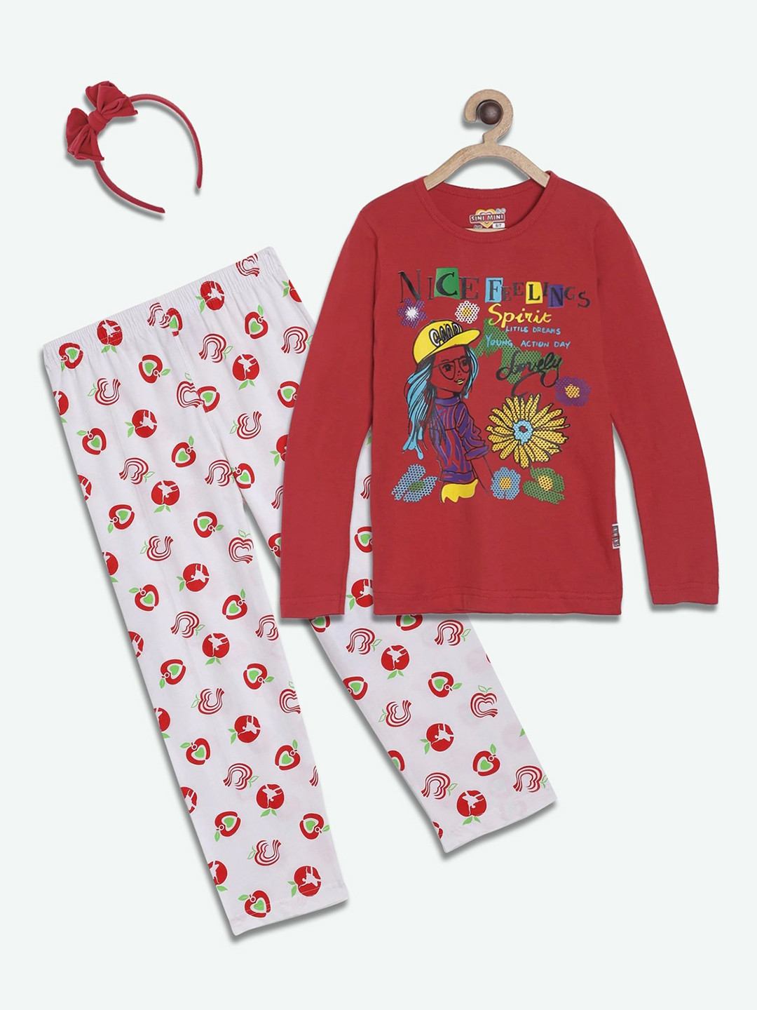 SINI MINI Girls 2 Pieces Graphic Printed Pure Cotton Night Suit